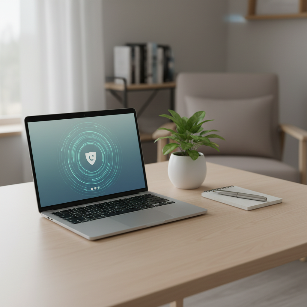 A clean, minimalist desktop representing telehealth psychiatric care, featuring a slim, silver laptop open on a pale wood desk, its screen showing a softly blurred, abstract interface of a secure video call without any visible people or text. Beside the laptop rests a neatly stacked notepad with a high-quality pen and a small, healthy green plant in a white ceramic pot. Soft, overcast natural light enters from an unseen window to the left, creating a gentle, even illumination with almost no harsh shadows. The background is a simple, out-of-focus home interior in neutral tones, suggesting privacy and calm. Shot in photographic realism from a slightly elevated angle, using the rule of thirds, the mood is reassuring, modern, and professional, highlighting the accessibility of remote mental and behavioral health services.