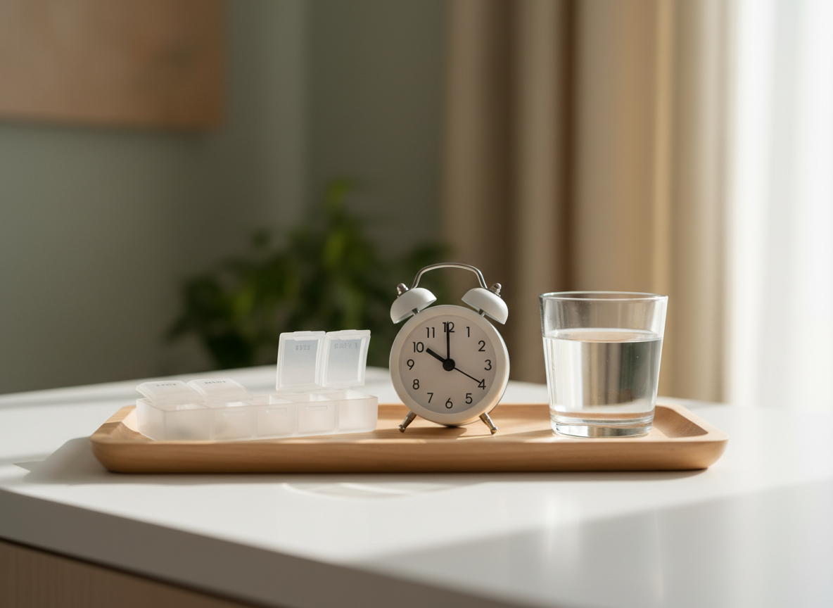 A tranquil, photographic-realistic scene of a small, private medication management station, featuring a neatly arranged wooden tray on a matte white countertop. On the tray, there is an unlabeled, frosted glass pill organizer with its compartments closed, a simple analog alarm clock with a white face and soft gray frame, and a clear glass of water catching subtle reflections. The background suggests a modern home or clinic with blurred soft-green and beige tones. Natural morning light filters from the right, casting delicate highlights on the glass and pill organizer and gentle shadows that add depth. Shot from a slightly elevated angle with balanced composition, the mood is calm, reassuring, and structured, conveying safe, stigma-free support for ongoing psychiatric medication routines without showing any people or branded packaging.