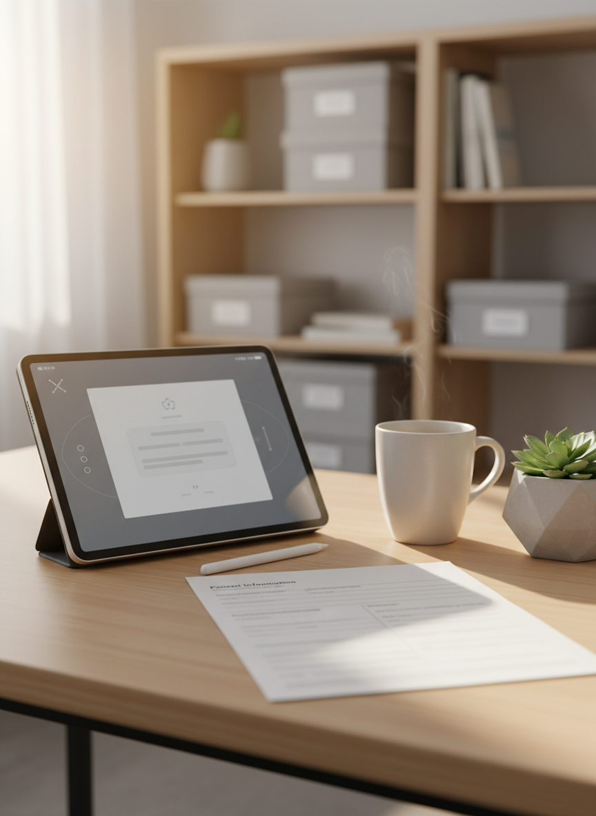 A close-up, photographic-realistic view of a tidy clinician’s workspace used for psychiatric evaluations, with a high-quality digital tablet and stylus resting next to a printed intake form whose text is subtly blurred to avoid legibility. The tablet lies on a smooth, light birch desk surface, alongside a ceramic mug of herbal tea and a small, geometric concrete planter holding a succulent. Gentle afternoon daylight streams in from a nearby window, creating soft highlights on the tablet’s edge and tea mug, with delicate shadows under the objects. The background fades into a warm, neutral blur of shelving and storage boxes, emphasizing organization and confidentiality. Captured at an eye-level angle with shallow depth of field, the mood is focused, precise, and calming, reflecting thoughtful, evidence-based psychiatric assessment and medication management.