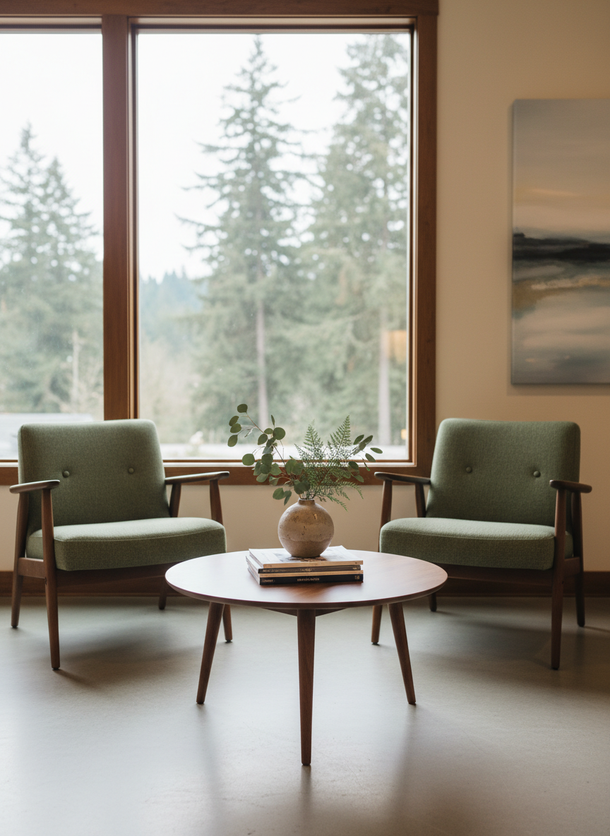 A soothing, Pacific Northwest–inspired waiting area that reflects an Oregon psychiatric private practice, featuring two empty, mid-century modern lounge chairs upholstered in muted moss green fabric facing a low walnut coffee table. The table holds a small stack of artful, non-branded magazines and a round, stoneware vase with simple greenery. Behind the chairs, a large window reveals a softly focused view of evergreen trees and an overcast sky, suggesting a calm, local landscape. Diffused natural light fills the room, highlighting the textures of fabric, wood, and plants while casting very soft shadows. Photographic realism with an eye-level, wide-angle composition shows the full space, emphasizing openness and ease. The atmosphere is welcoming, professional, and stigma-free, designed to make individuals feel safe and accepted when seeking mental and behavioral health care.