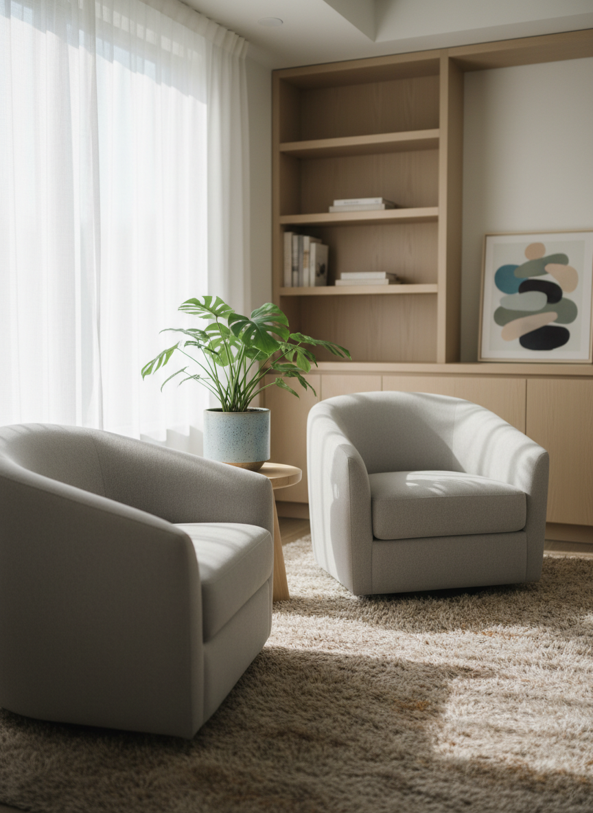 A serene, modern therapy office with a focus on a plush, light-gray armchair angled slightly toward an empty matching chair, symbolizing a calm, nonjudgmental conversation space. The chairs sit on a soft, textured wool rug in muted earth tones, with a low, pale oak side table between them holding a single ceramic planter with a thriving green plant. Soft, diffused daylight filters through sheer white curtains covering a large window, casting gentle shadows and a soothing glow. The background shows minimalist shelving with a few carefully chosen books and abstract art. Photographic realism, eye-level composition, and a shallow depth of field keep the chairs in sharp focus while the room softly blurs, creating a tranquil, professional, and welcoming atmosphere for mental and behavioral health care.